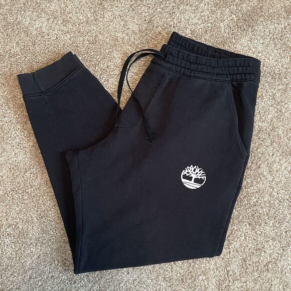 Timberland Pants Mens L Black Fleece Joggers Sweatpants Spell Out Logo Graphic - Picture 1 of 7